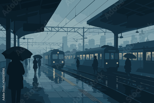 Moody train station scene in the rain with silhouettes and umbrellas