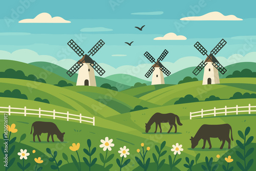 Peaceful countryside landscape with cows, windmills, and rolling hills
