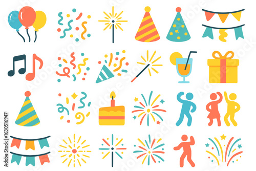 Colorful Party Celebration Icons with Balloons, Confetti, Fireworks, Music, Drinks, and Dancing Figures on Gradient Background