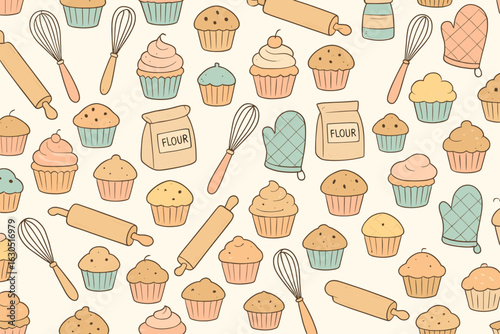 Seamless baking pattern with cupcakes, flour bags, rolling pins, whisks, and oven mitts in pastel colors – cute hand-drawn kitchen background