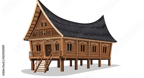 Traditional Indonesian house, elevated on stilts, showcasing intricate wooden design.