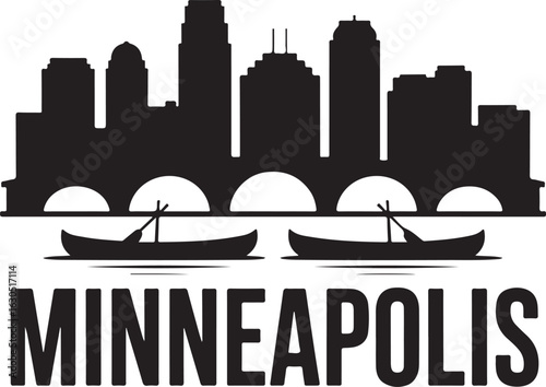Minneapolis Skyline Silhouette with Bridge and Canoes