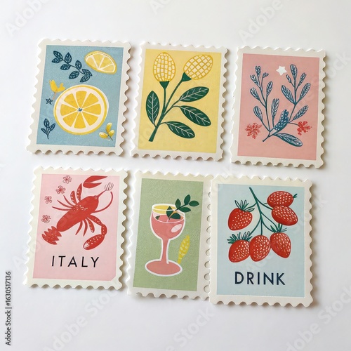 Vintage Food and Drink Postage Stamp Illustrations with Italian Theme
