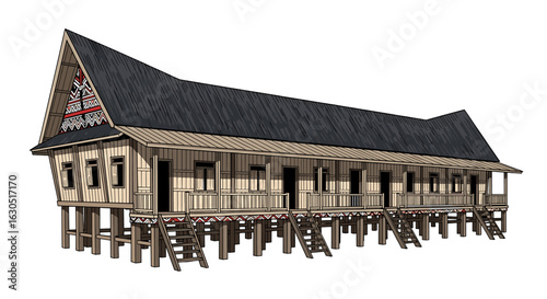 Traditional longhouse, elevated structure, Southeast Asian architecture, detailed rendering.