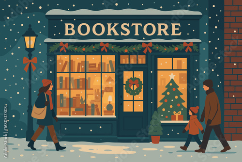Cozy winter evening outside a bookstore with snow and festive decorations in a charming neighborhood