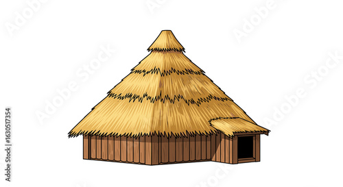 Illustration of a thatched hut with a triangular roof and wooden walls, set against a white background.