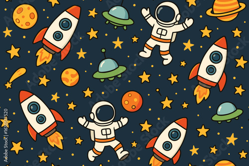 Colorful space-themed pattern featuring rockets, aliens, astronauts, and planets on a dark background