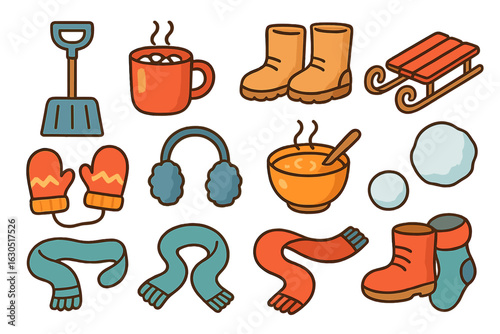 Winter accessories and activities illustrated with vibrant icons showcasing the joys of the season