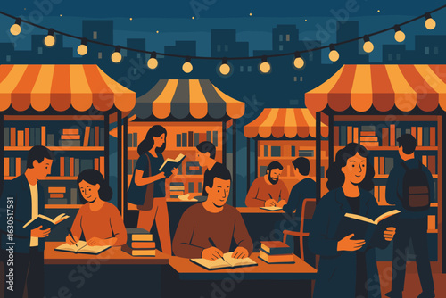 Books and community come together at a vibrant night market featuring readers and lively stalls under string lights