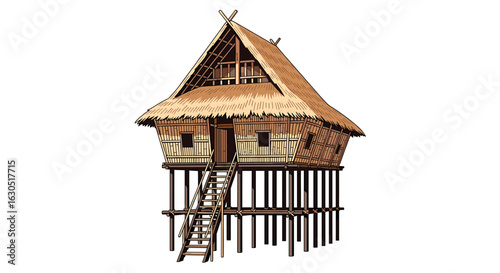 A stylized illustration of a traditional elevated dwelling, featuring thatched roof and wooden supports.