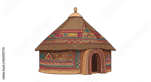 Ornate African hut with thatched roof and vibrant geometric patterns.
