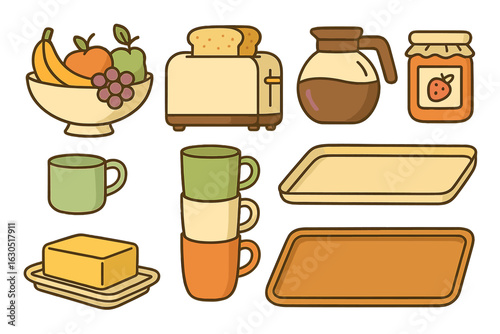 Kitchen breakfast setup featuring fruit, toast, and beverages in a cozy domestic setting
