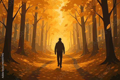 Walking through a serene autumn forest filled with golden leaves and soft sunlight in a tranquil landscape
