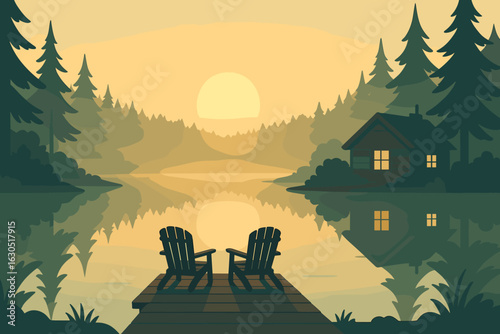 Relaxing sunset view by lakeside cabin with chairs overlooking calm water and surrounding trees