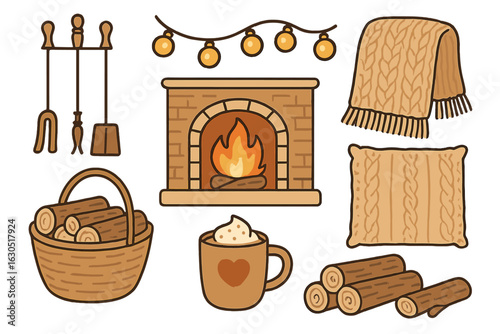 Cozy fireplace setup with warm blankets, logs, and a hot beverage perfect for winter evenings