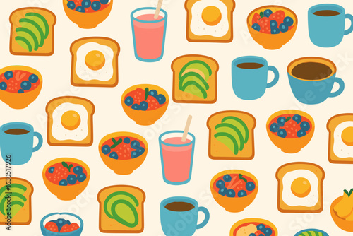 Colorful breakfast spread featuring fruits, toast, and drinks laid out in a vibrant pattern