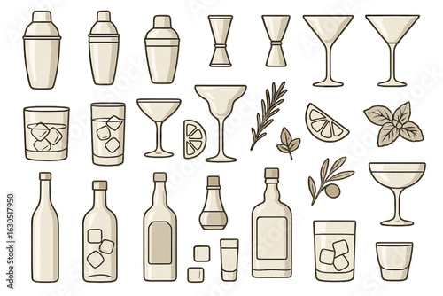 Barware and drink accessories set for cocktail preparation and serving at home gatherings