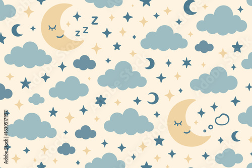 Moon and star patterned design featuring clouds and dreaming elements in soothing colors