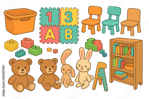Colorful children's playroom filled with toys, educational blocks, and seating for fun learning activities