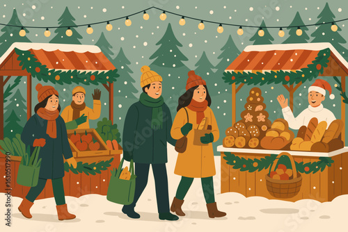 Festive winter market with people shopping and enjoying local goods in a snowy landscape