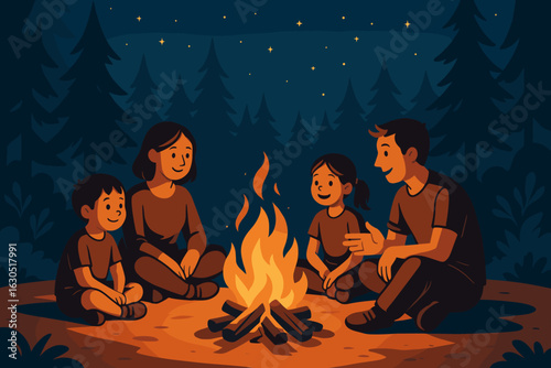 Family gathering around a campfire in the forest at night under a starlit sky
