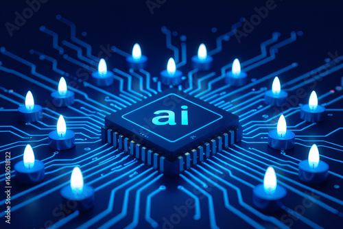 Central artificial intelligence processor with glowing blue circuits and data flow