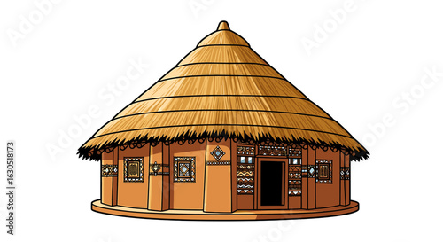 Illustration of a traditional round thatched-roof dwelling, showing architectural details.