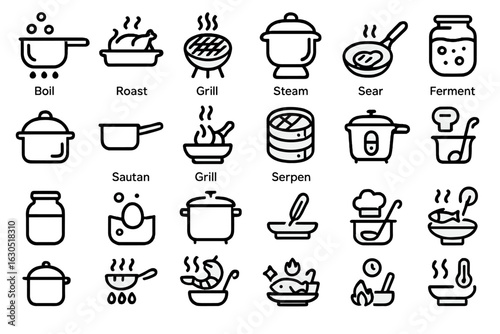 Cooking techniques illustrated with simple icons for easy reference for chefs and home cooks