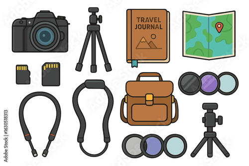Travel photography gear and accessories arranged neatly on a table with a travel journal and a map nearby