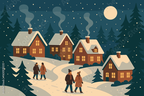 Winter evening stroll through a peaceful snowy village under a full moon