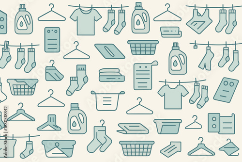 Laundry day essentials arranged in a neat pattern on a light background with various clothing and washing items