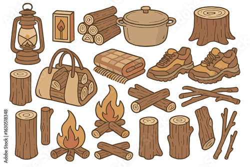 Camping essentials and outdoor gear for a cozy night by the fire in nature