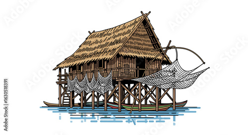 Traditional stilt house on water, fishing nets drying, boats moored below.