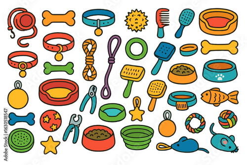 Colorful collection of pet supplies including toys, bowls, collars, and grooming tools displayed on a white background