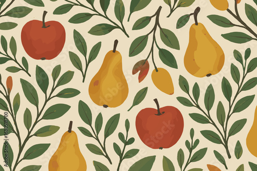 Colorful fruit pattern featuring apples and pears with green leaves on a light background, perfect for textile or wallpaper design