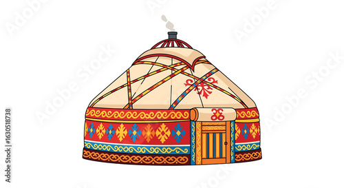 Colorful illustration of a traditional yurt, a nomadic dwelling.