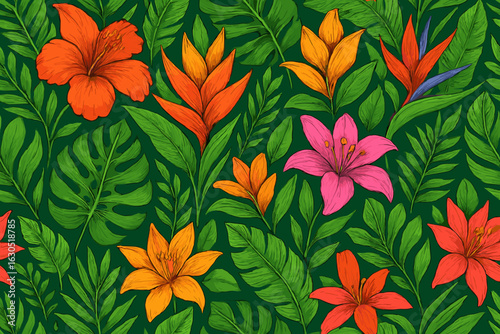 Colorful tropical flowers and lush greenery bring life to a vibrant nature-inspired design