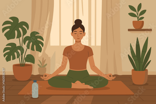 Focus on mindfulness practice in a serene indoor setting with plants and a mat