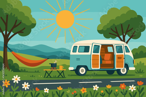 Camping adventure with a vintage van and hammock in a sunny meadow surrounded by mountains