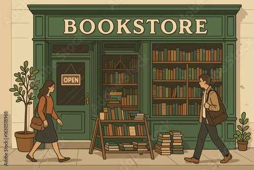 Charming bookstore welcomes visitors with an open sign and vibrant displays in a bustling corner street