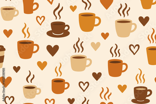 Warm and cozy cup designs with hearts and steam patterns ideal for coffee lovers and cafe decor