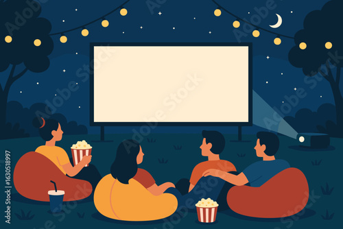Outdoor movie night with friends enjoying popcorn and drinks under a starry sky