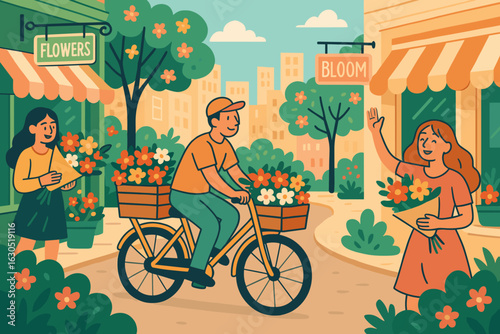 Colorful market scene with a cyclist delivering flowers in a cheerful spring atmosphere