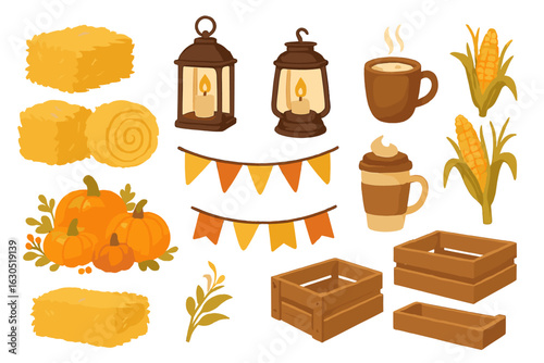 Autumn harvest celebration with cozy decorations and seasonal elements including pumpkins and lanterns