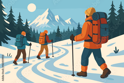 Three hikers journeying through a snowy mountain landscape under a bright sun in winter