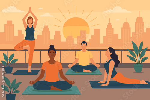 Group of individuals practicing yoga on a rooftop during sunset in an urban environment