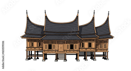 Traditional Indonesian Minangkabau Rumah Gadang house, elevated on stilts, with distinctive curved roofs.