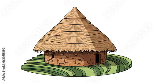 A cartoon depiction of a round, thatched-roof hut on terraced land.