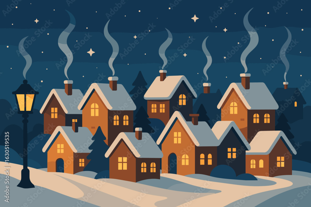 Fototapeta premium Cozy winter village under a starry night sky with smoke rising from chimneys