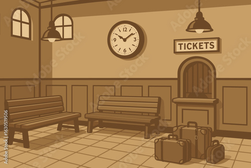Vintage train station interior showcases wooden benches, a clock, and luggage, evoking travel nostalgia in a quiet setting